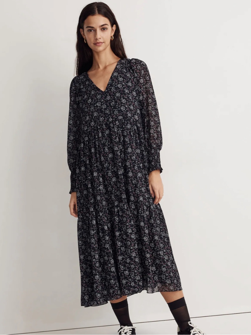 Madewell Georgette V-Neck Tiered Midi Dress in Enchanted Floral Size M